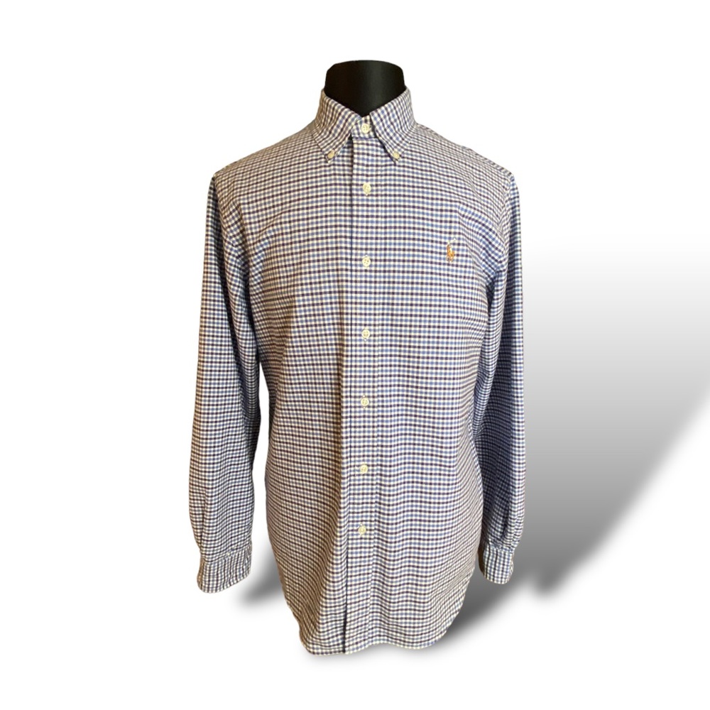 Ralph Lauren Mens Large Blue Oxford Long Sleeve Check Button Down Brown Pony